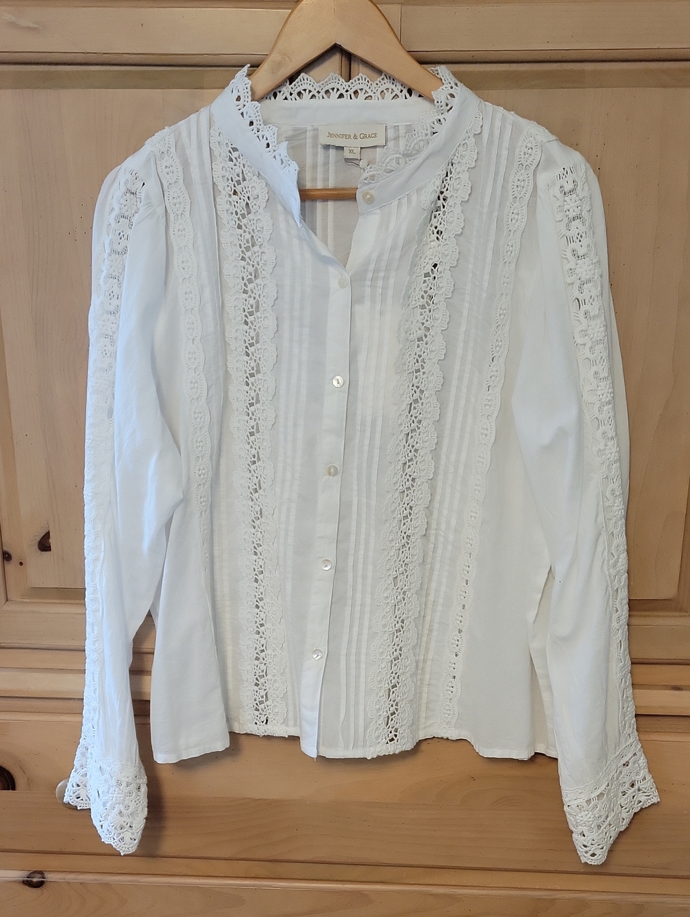 Jennifer & Grace White Lace-Trim Button Down Blouse